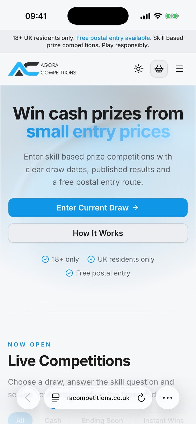 The Agora Competitions home page on a phone