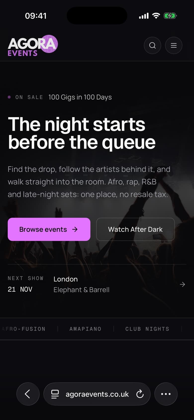 The Agora Events home page on a phone
